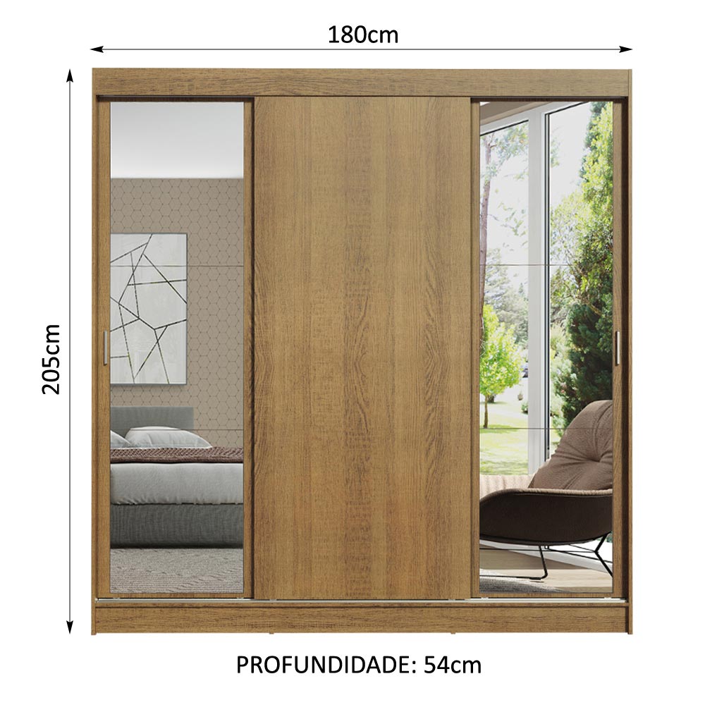 Guarda-Roupa Casal Madesa Reno 3 Portas de Correr com Espelhos Rustic