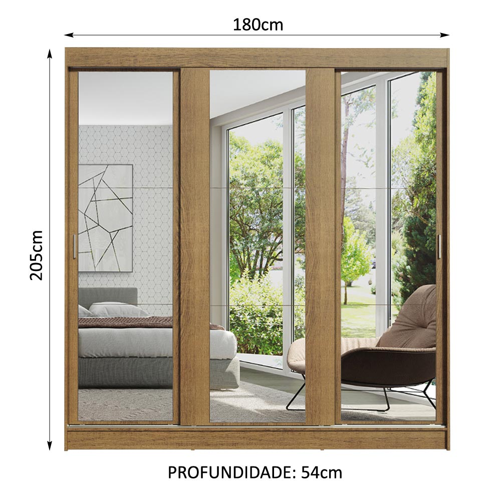 Guarda-Roupa Casal Madesa Reno 3 Portas de Correr de Espelho Rustic