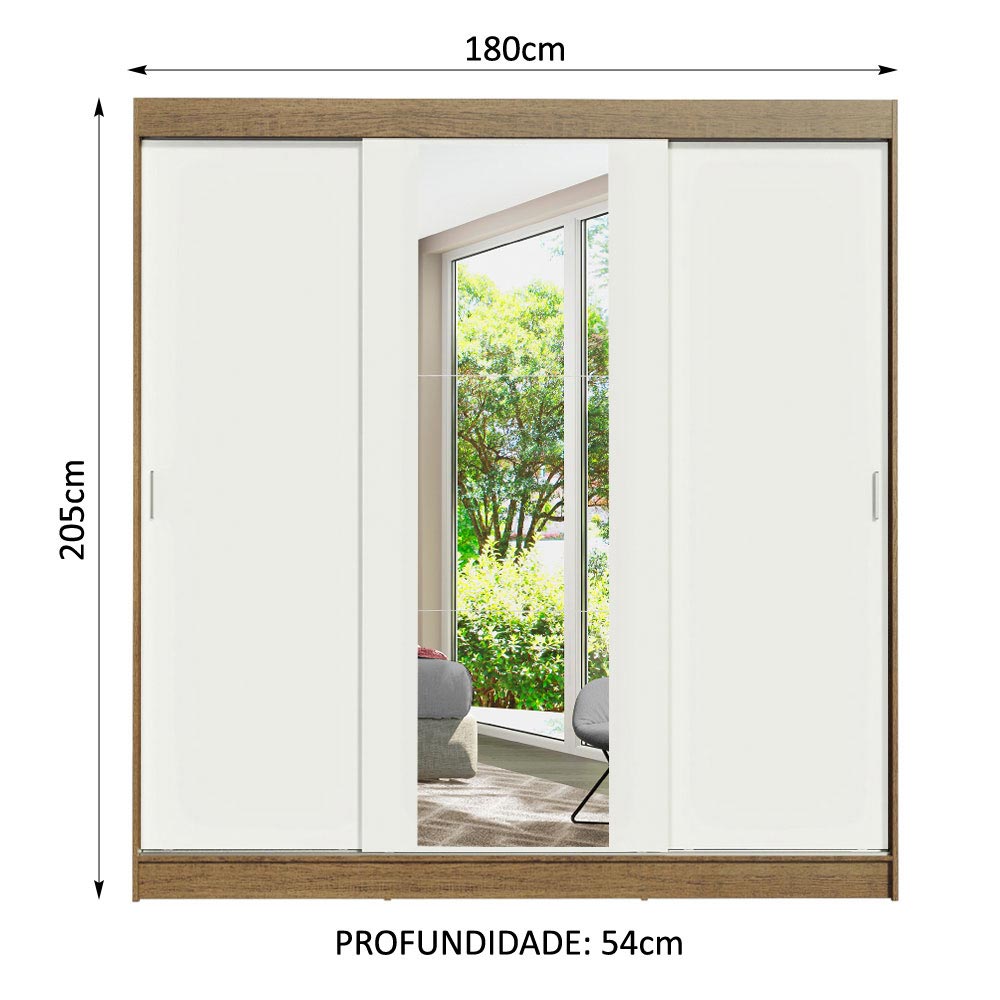 Guarda-Roupa Casal Madesa Reno 3 Portas de Correr com Espelho Rustic/Branco