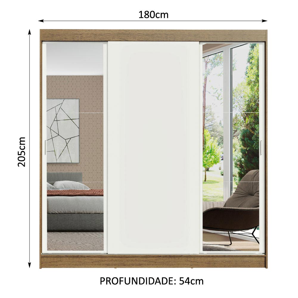Guarda-Roupa Casal Madesa Reno 3 Portas de Correr com Espelhos Rustic/Branco
