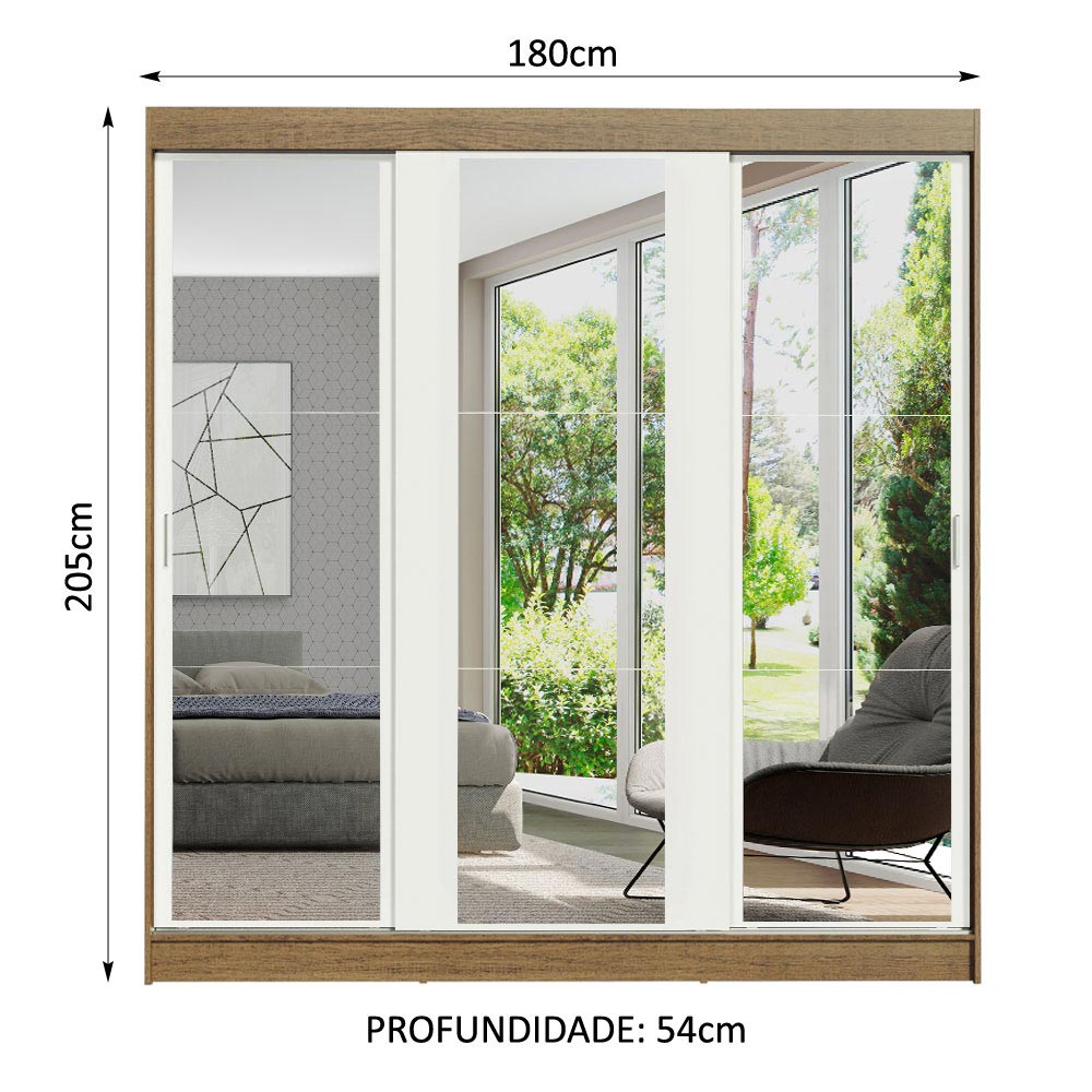 Guarda-Roupa Casal Madesa Reno 3 Portas de Correr de Espelho Rustic/Branco
