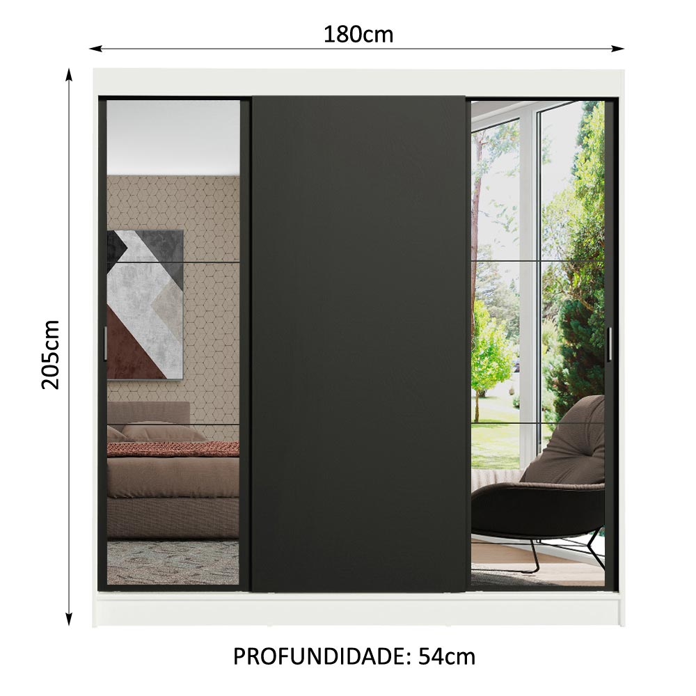 Guarda-Roupa Casal Madesa Reno 3 Portas de Correr com Espelhos Branco/Preto