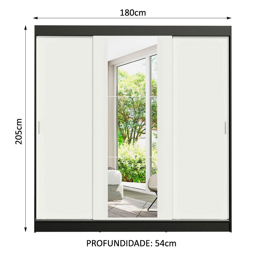 Guarda-Roupa Casal Madesa Reno 3 Portas de Correr com Espelho Preto/Branco