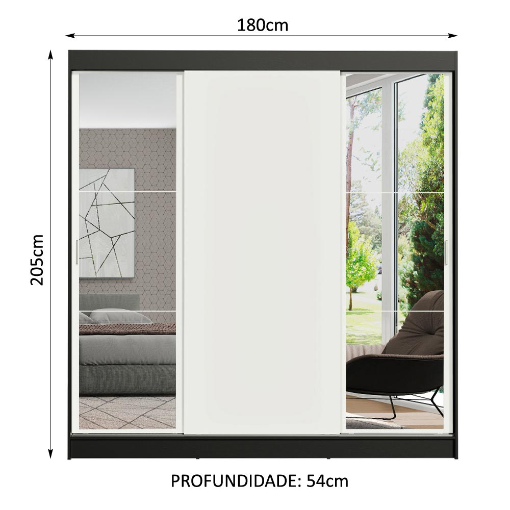 Guarda-Roupa Casal Madesa Reno 3 Portas de Correr com Espelhos Preto/Branco