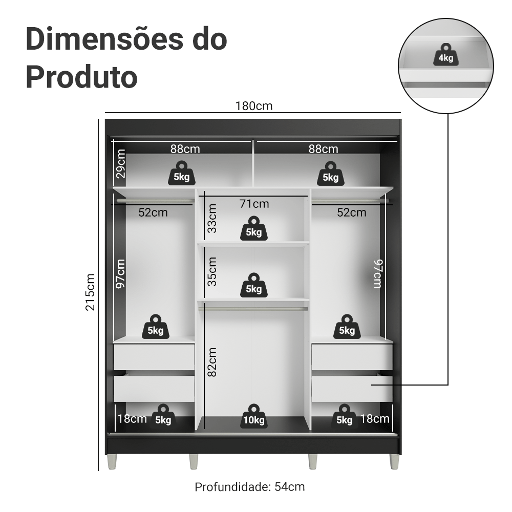 Guarda-Roupa Casal com Pés 3 Portas de Correr Preto/Branco Reno Madesa