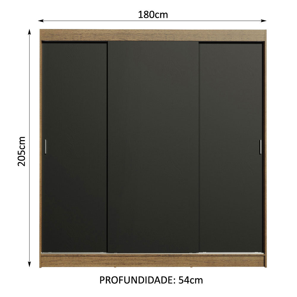 Guarda-Roupa Casal Madesa Reno 3 Portas de Correr Rustic/Preto