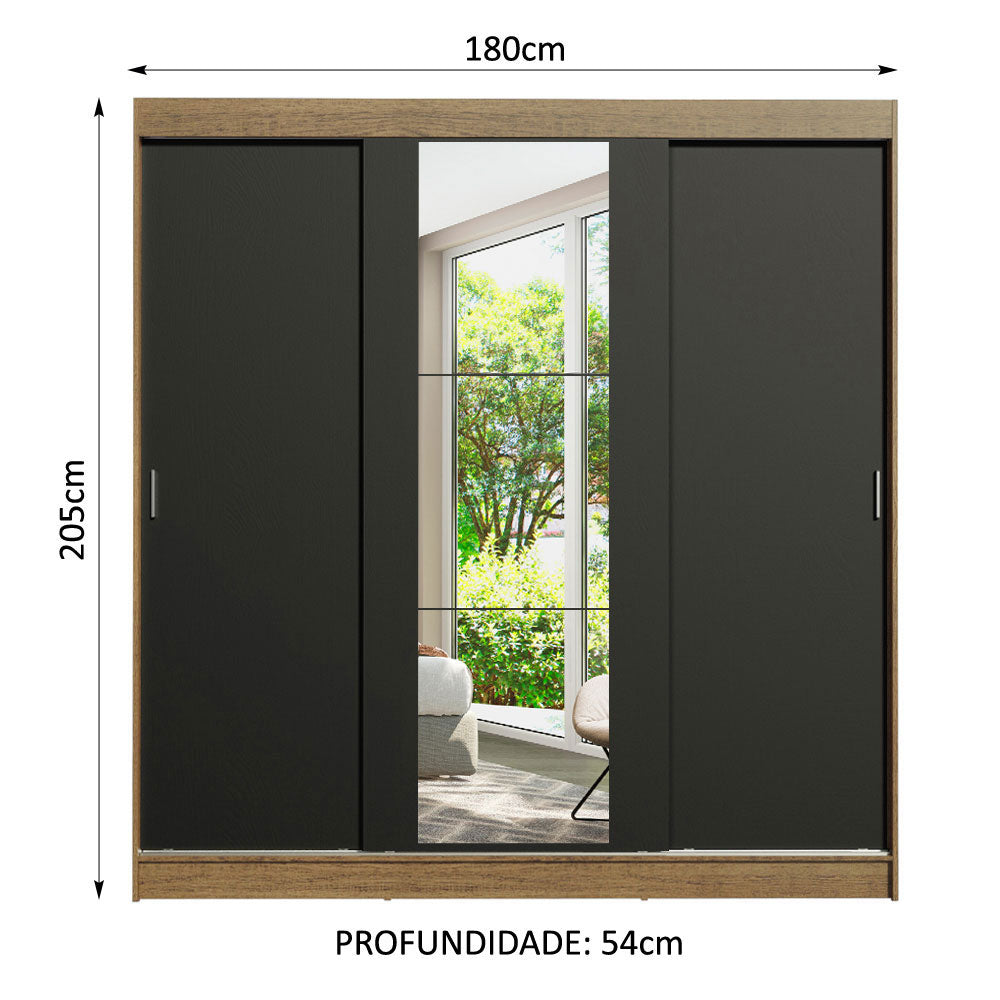 Guarda-Roupa Casal Madesa Reno 3 Portas de Correr com Espelho Rustic/Preto