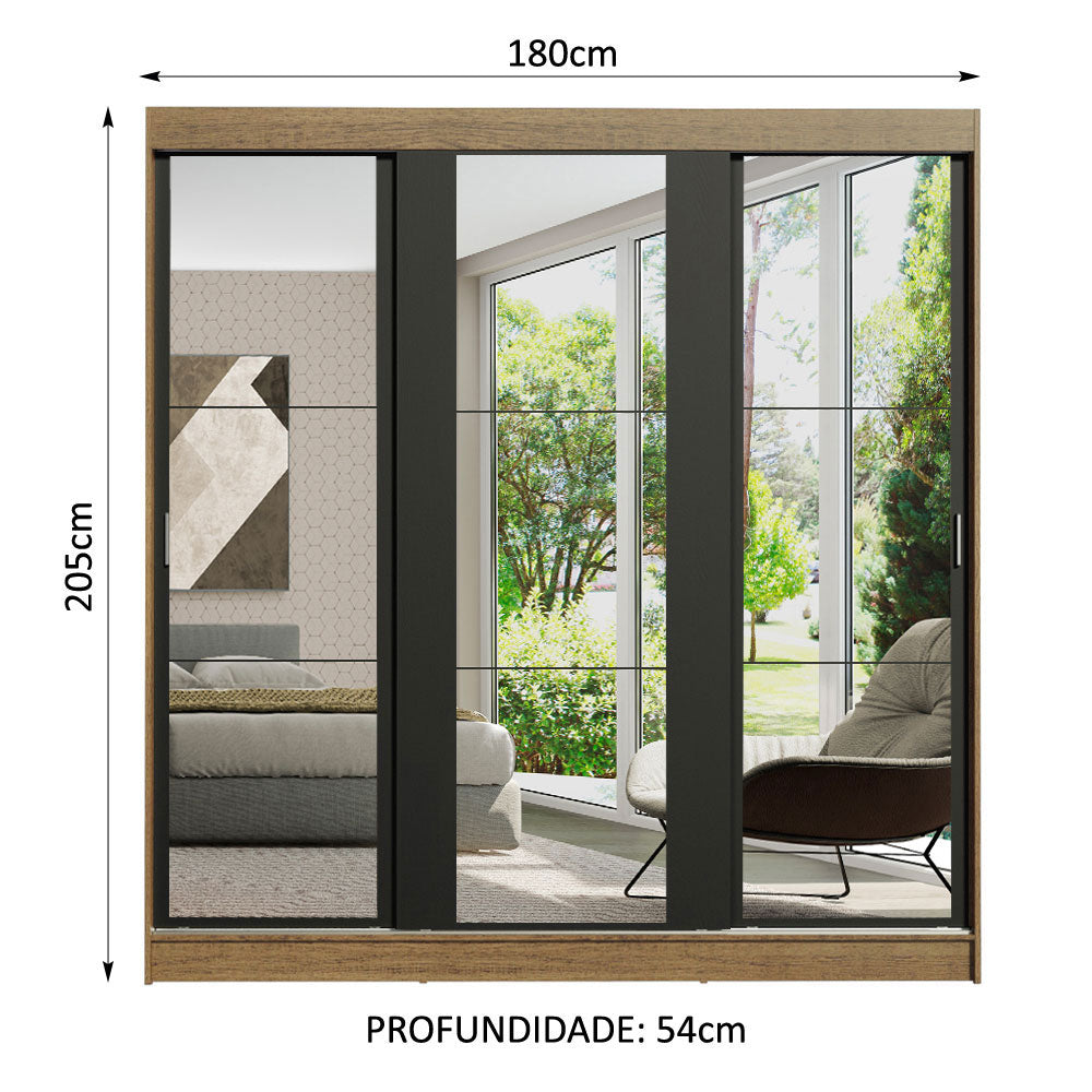 Guarda-Roupa Casal Madesa Reno 3 Portas de Correr de Espelho Rustic/Preto