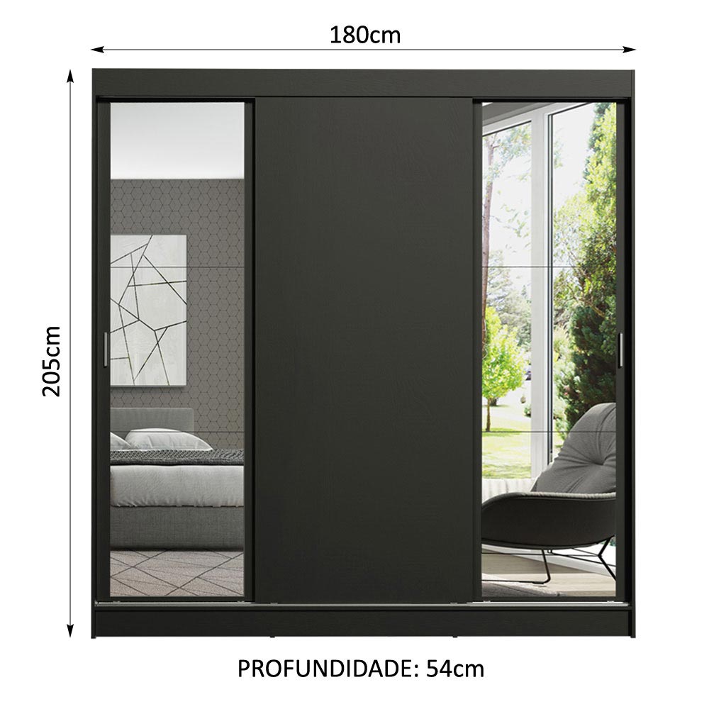 Guarda-Roupa Casal Madesa Reno 3 Portas de Correr com Espelhos Preto