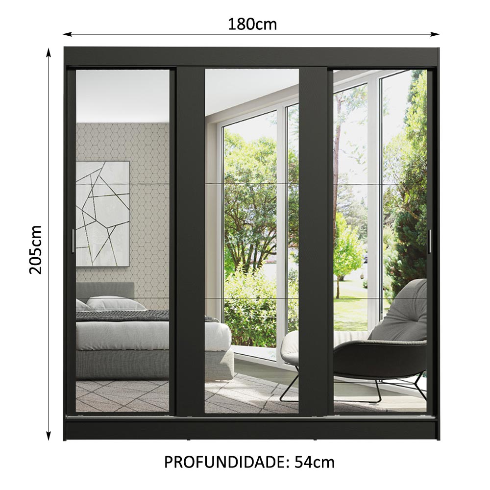 Guarda-Roupa Casal Madesa Reno 3 Portas de Correr de Espelho Preto