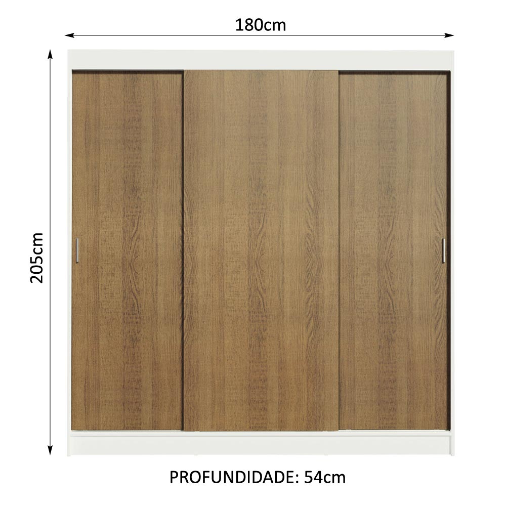 Guarda-Roupa Casal Madesa Reno 3 Portas de Correr Branco/Rustic