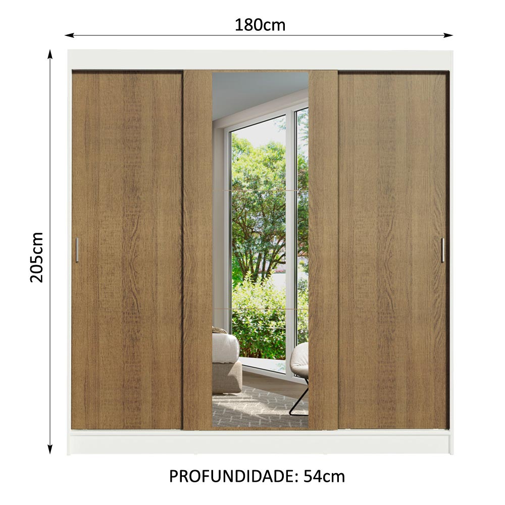Guarda-Roupa Casal Madesa Reno 3 Portas de Correr com Espelho Branco/Rustic