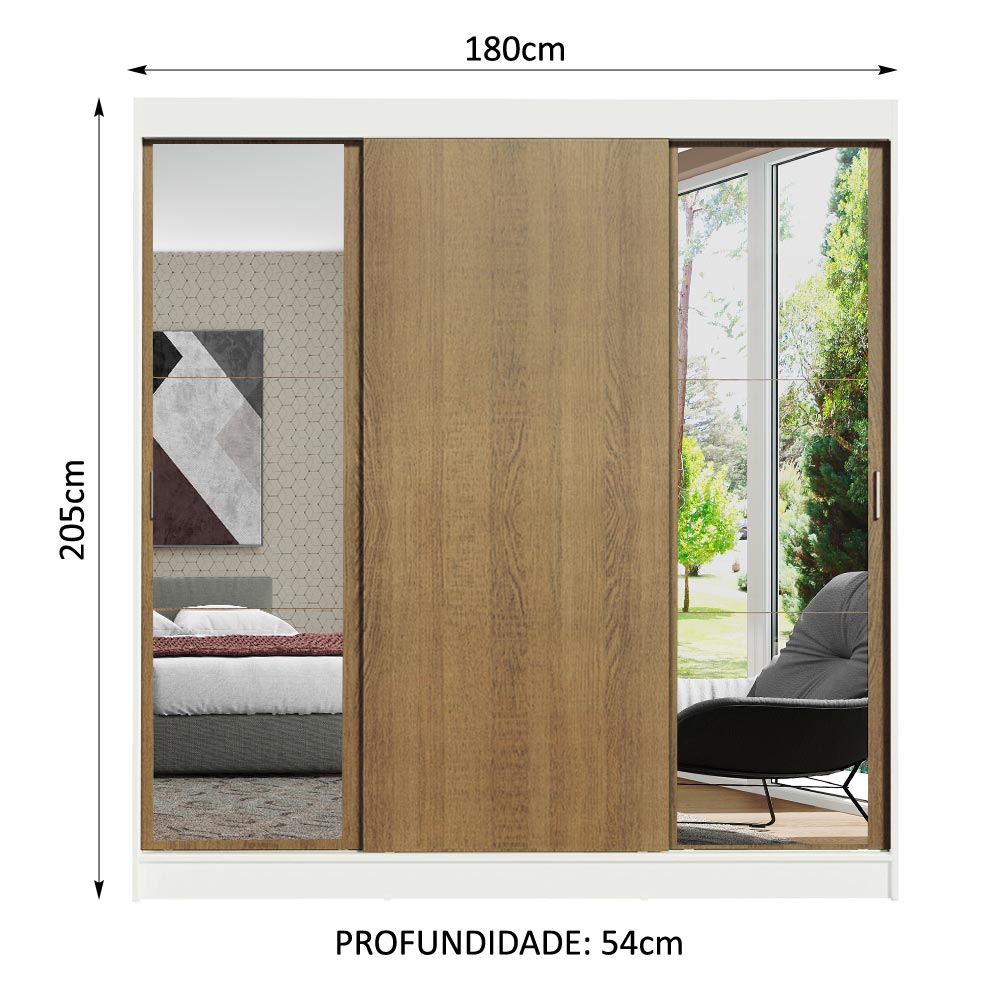 Guarda-Roupa Casal Madesa Reno 3 Portas de Correr com Espelhos Branco/Rustic