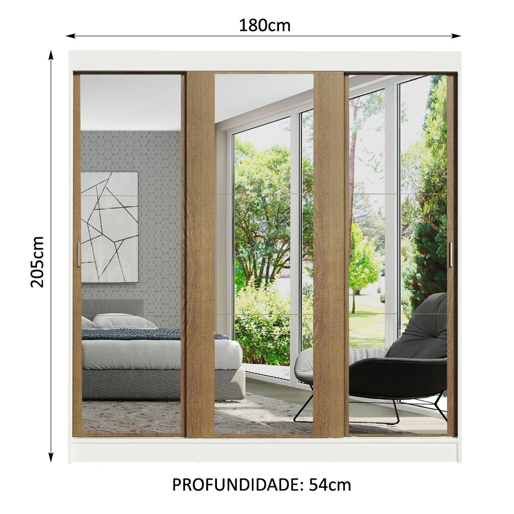 Guarda-Roupa Casal Madesa Reno 3 Portas de Correr de Espelho Branco/Rustic