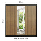 Guarda-Roupa Casal Madesa Reno 3 Portas de Correr com Espelho Preto/Rustic