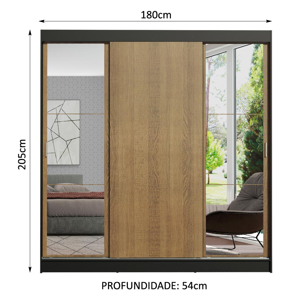 Guarda-Roupa Casal Madesa Reno 3 Portas de Correr com Espelhos Preto/Rustic