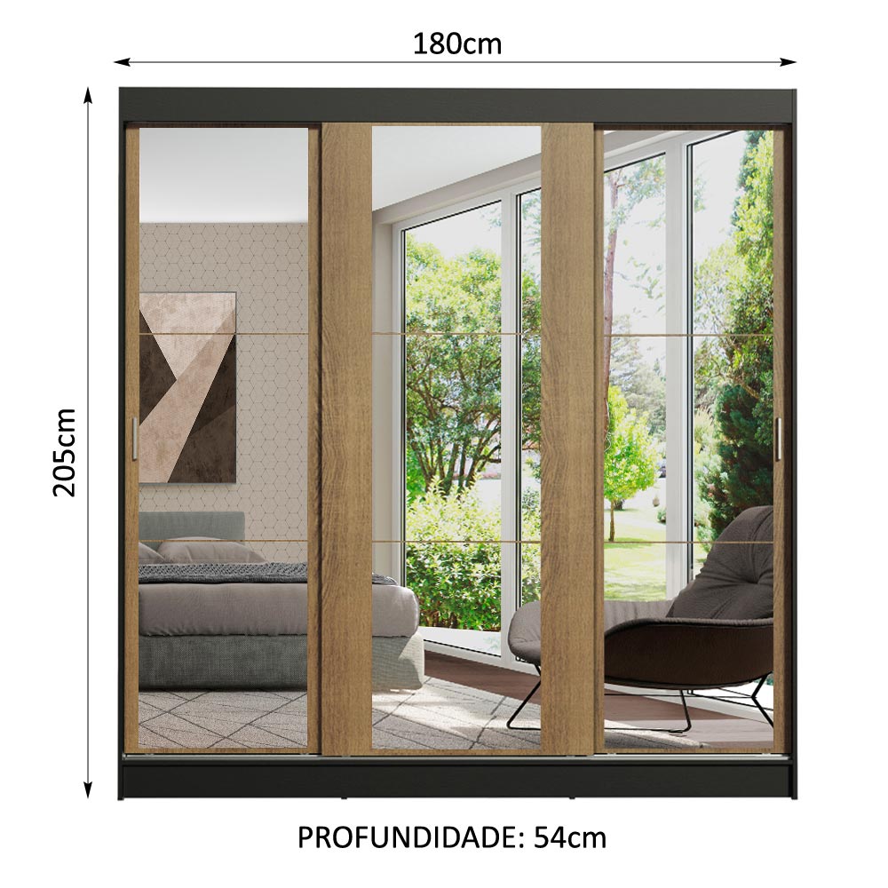 Guarda-Roupa Casal Madesa Reno 3 Portas de Correr de Espelho Preto/Rustic