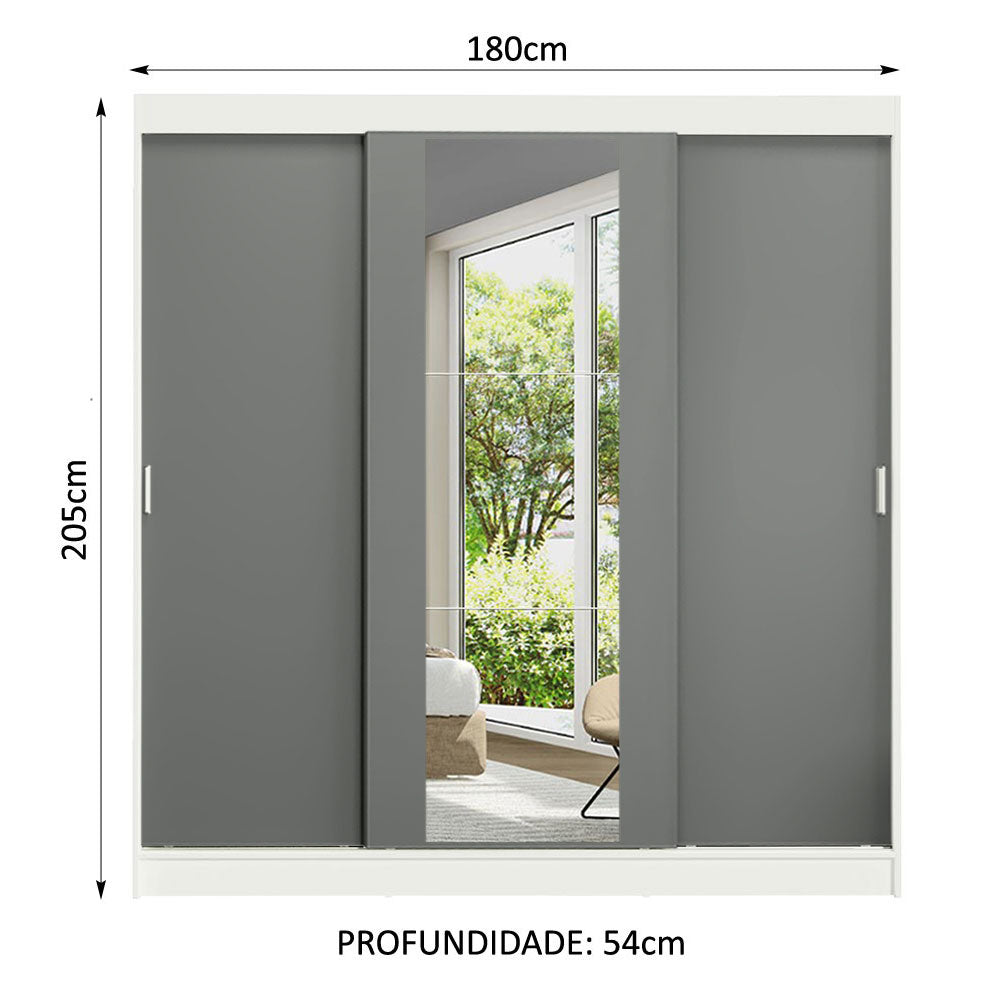 Guarda-Roupa Casal Madesa Reno 3 Portas de Correr com Espelho Branco/Cinza