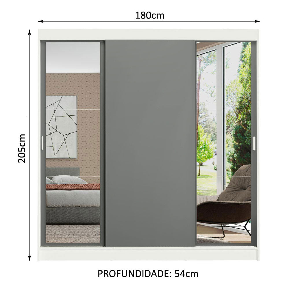 Guarda-Roupa Casal Madesa Reno 3 Portas de Correr com Espelhos Branco/Cinza