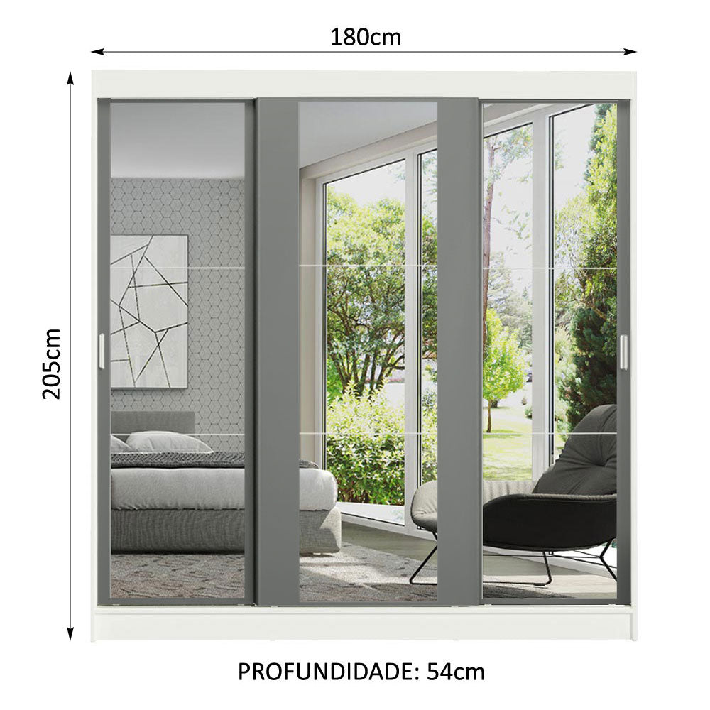 Guarda-Roupa Casal Madesa Reno 3 Portas de Correr de Espelho Branco/Cinza