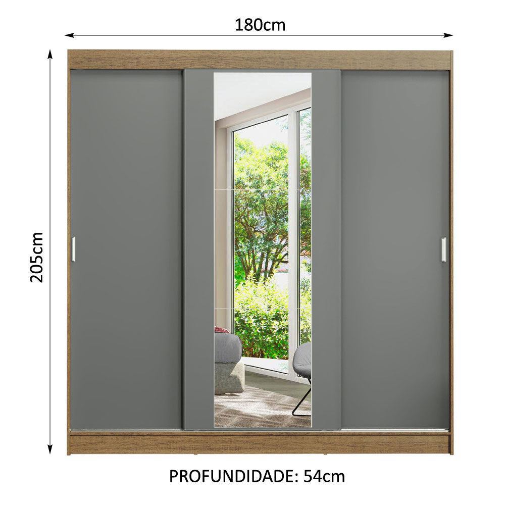 Guarda-Roupa Casal Madesa Reno 3 Portas de Correr com Espelho Rustic/Cinza