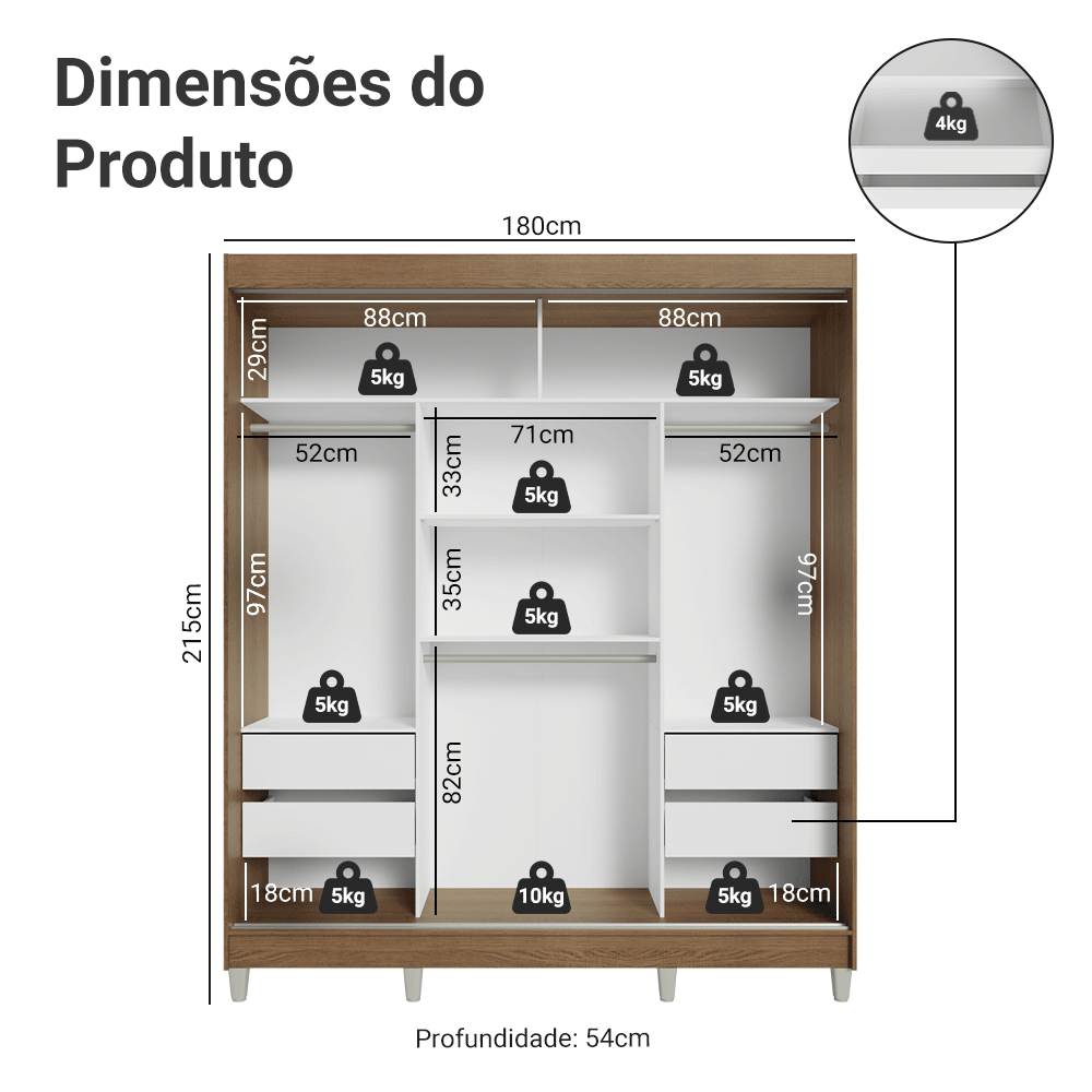 Guarda-Roupa Casal com Pés 3 Portas de Correr de Espelho Rustic/Cinza Reno Madesa