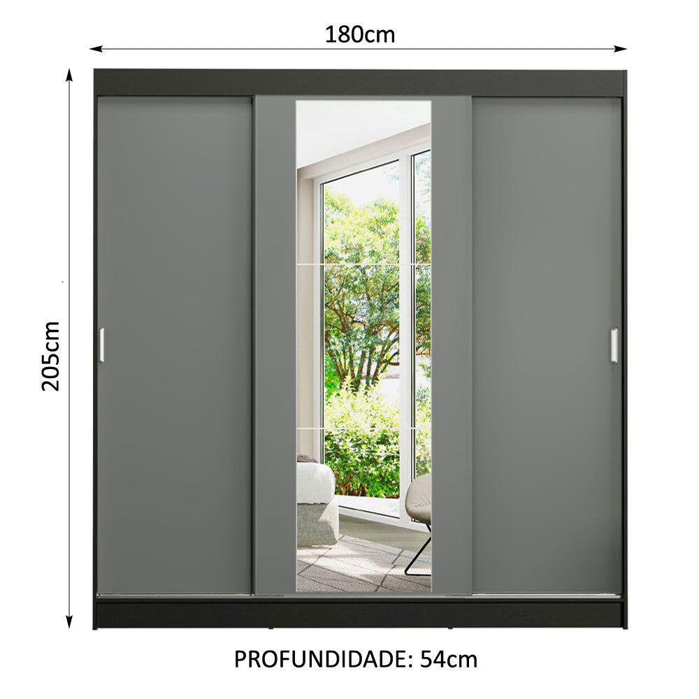 Guarda-Roupa Casal Madesa Reno 3 Portas de Correr com Espelho Preto/Cinza