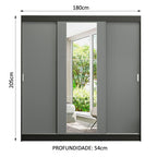Guarda-Roupa Casal Madesa Reno 3 Portas de Correr com Espelho Preto/Cinza