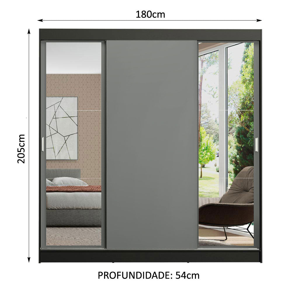 Guarda-Roupa Casal Madesa Reno 3 Portas de Correr com Espelhos Preto/Cinza