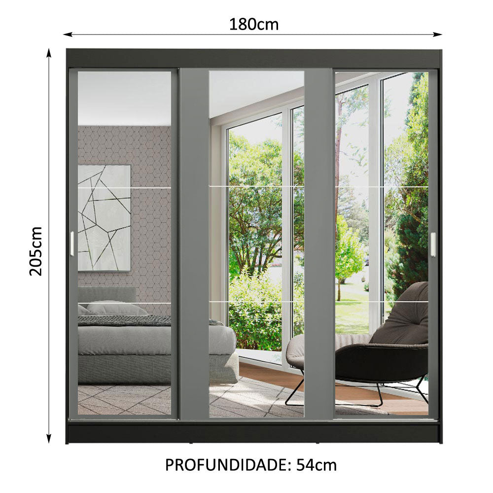 Guarda-Roupa Casal Madesa Reno 3 Portas de Correr de Espelho Preto/Cinza