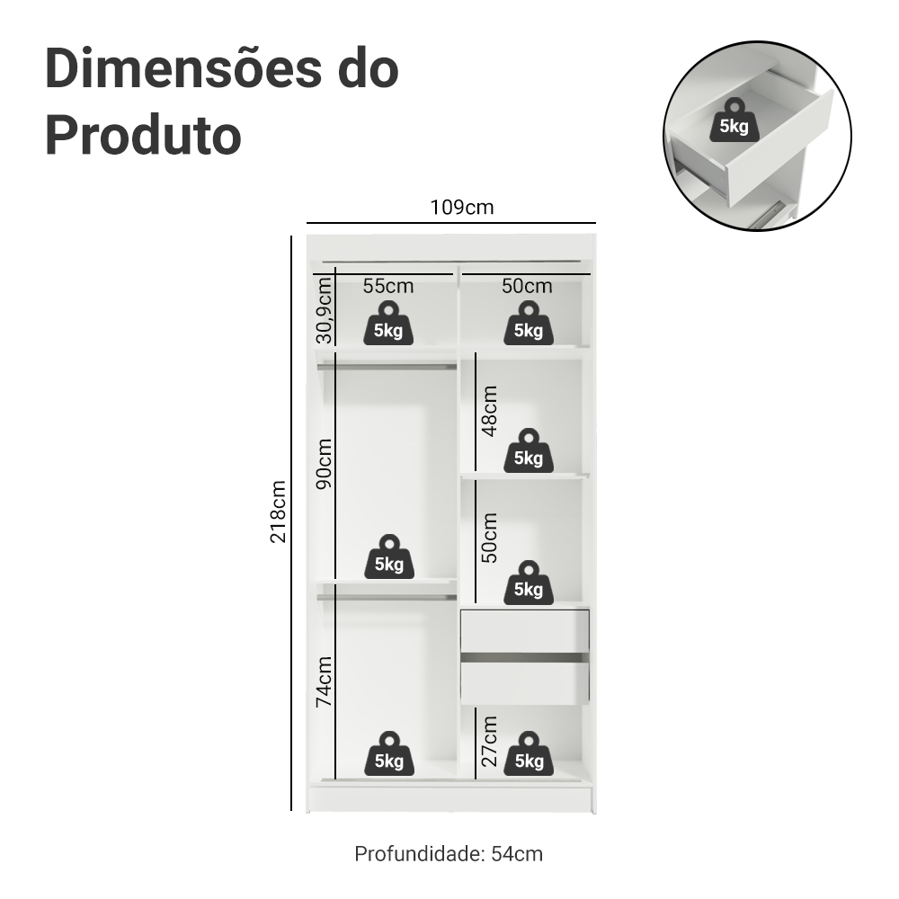 Guarda-Roupa Solteiro Madesa Tokio 2 Portas de Correr de Espelho 2 Gavetas Branco