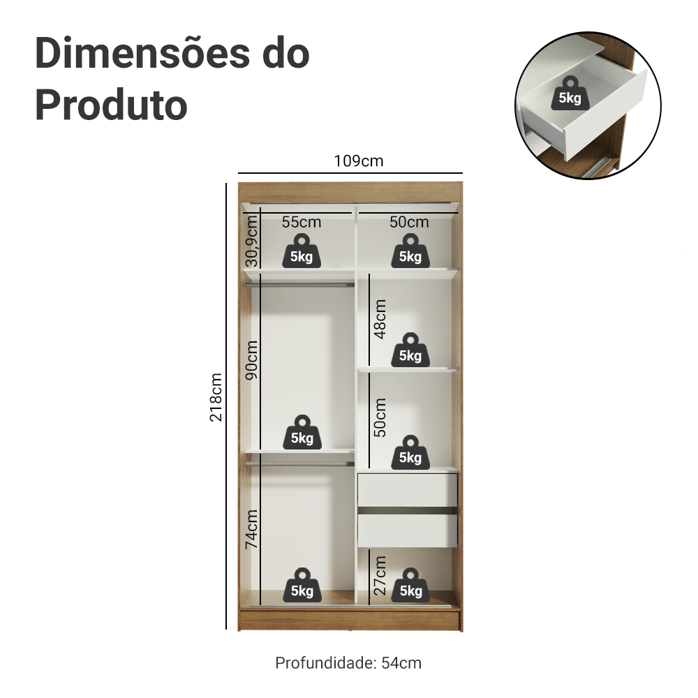 Guarda-Roupa Solteiro Madesa Tokio 2 Portas de Correr com Espelho 2 Gavetas Rustic