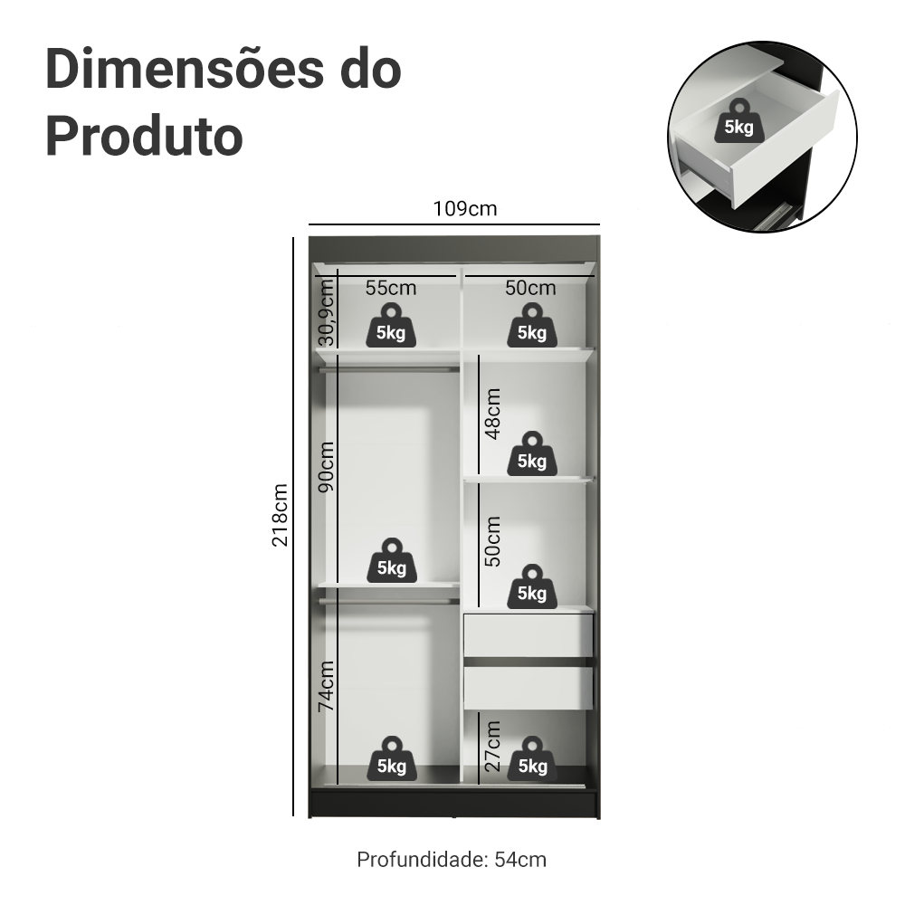 Guarda-Roupa Solteiro 2 Portas de Correr com Espelho 2 Gavetas Preto Madesa Tokio