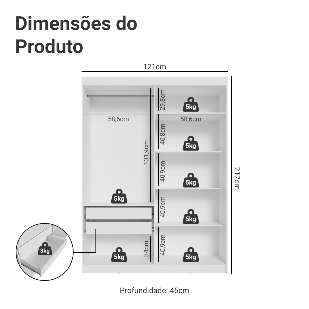 Guarda-Roupa Closet 2 Gavetas 121 cm Branco Venus Madesa