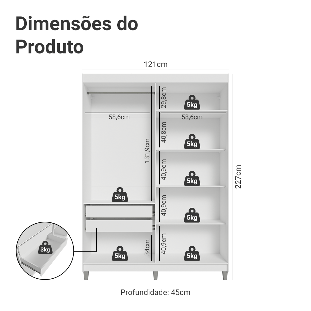 Guarda-Roupa Closet com Pés 2 Gavetas 121 cm Branco Venus Madesa