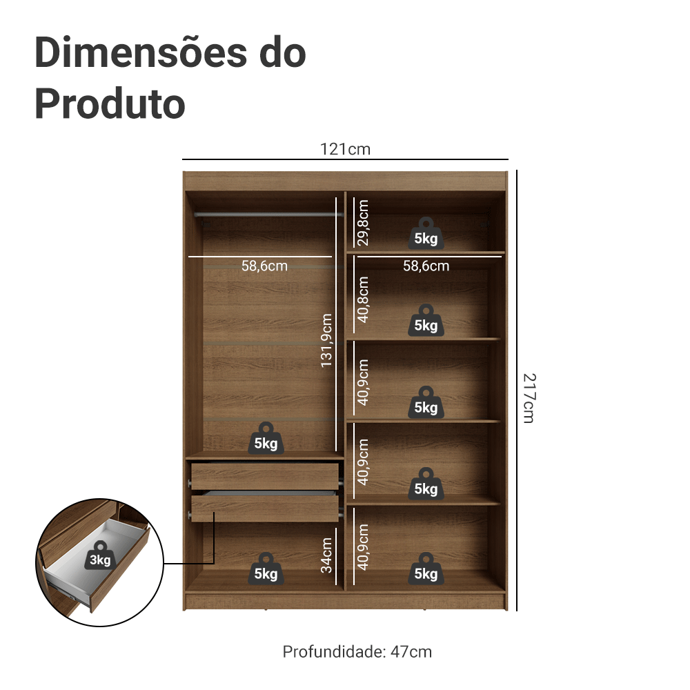 Guarda-Roupa Solteiro 4 Portas Batentes com Espelhos Rustic/Crema/Rustic Venus Madesa