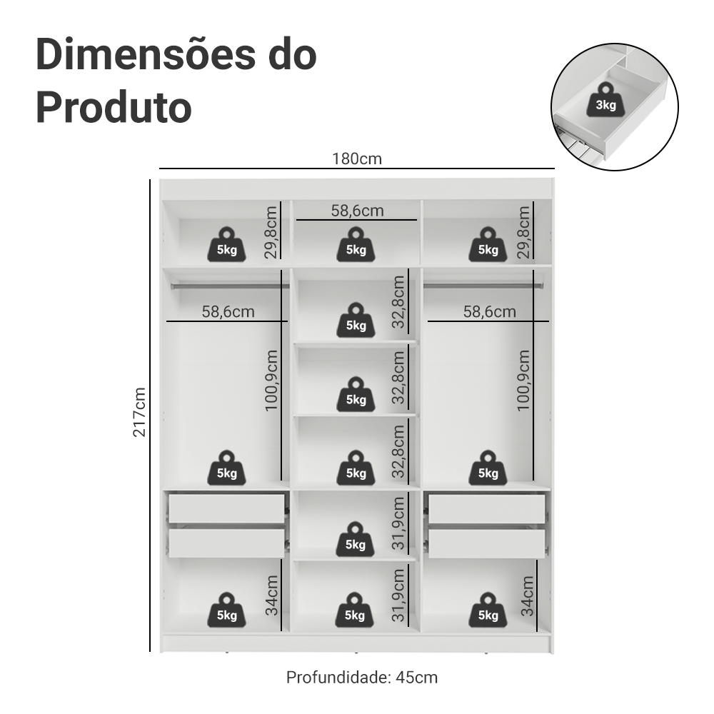 Guarda-Roupa Closet 4 Gavetas 180 cm Branco Venus Madesa