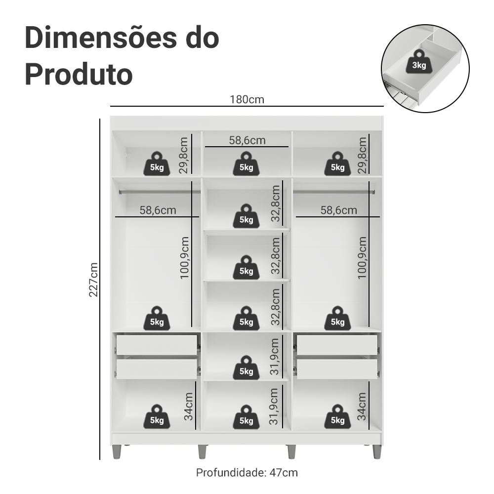 Guarda-Roupa Casal com Pés 6 Portas Batentes Branco/Branco/Preto Venus Madesa