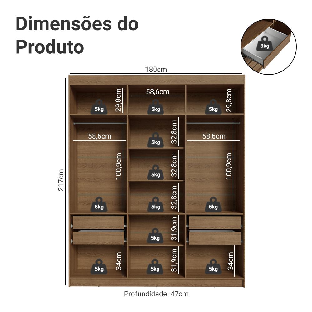 Guarda-Roupa Casal 6 Portas Batentes Rustic/Preto/Preto Venus Madesa