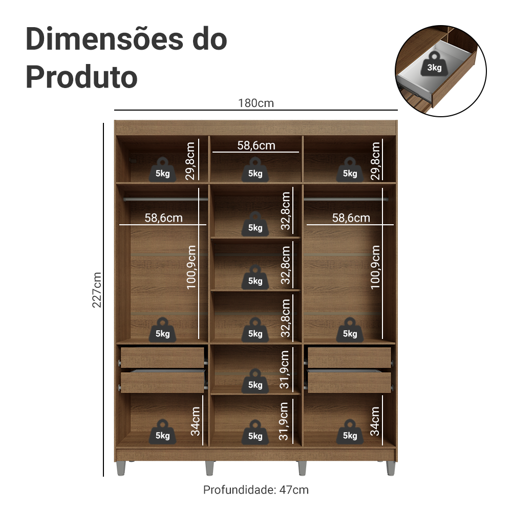 Guarda-Roupa Casal com Pés 6 Portas Batentes Rustic/Preto/Preto Venus Madesa