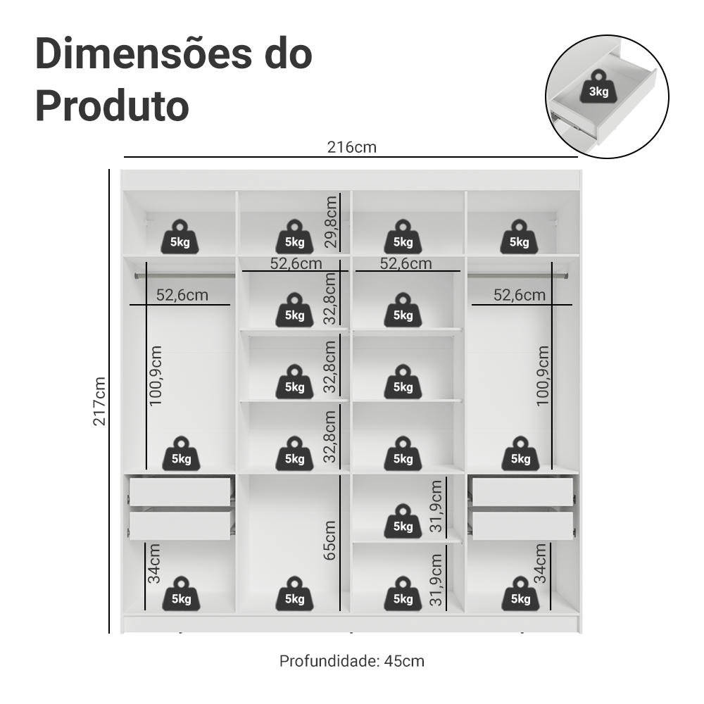 Guarda-Roupa Closet 4 Gavetas 216 cm Branco Venus Madesa