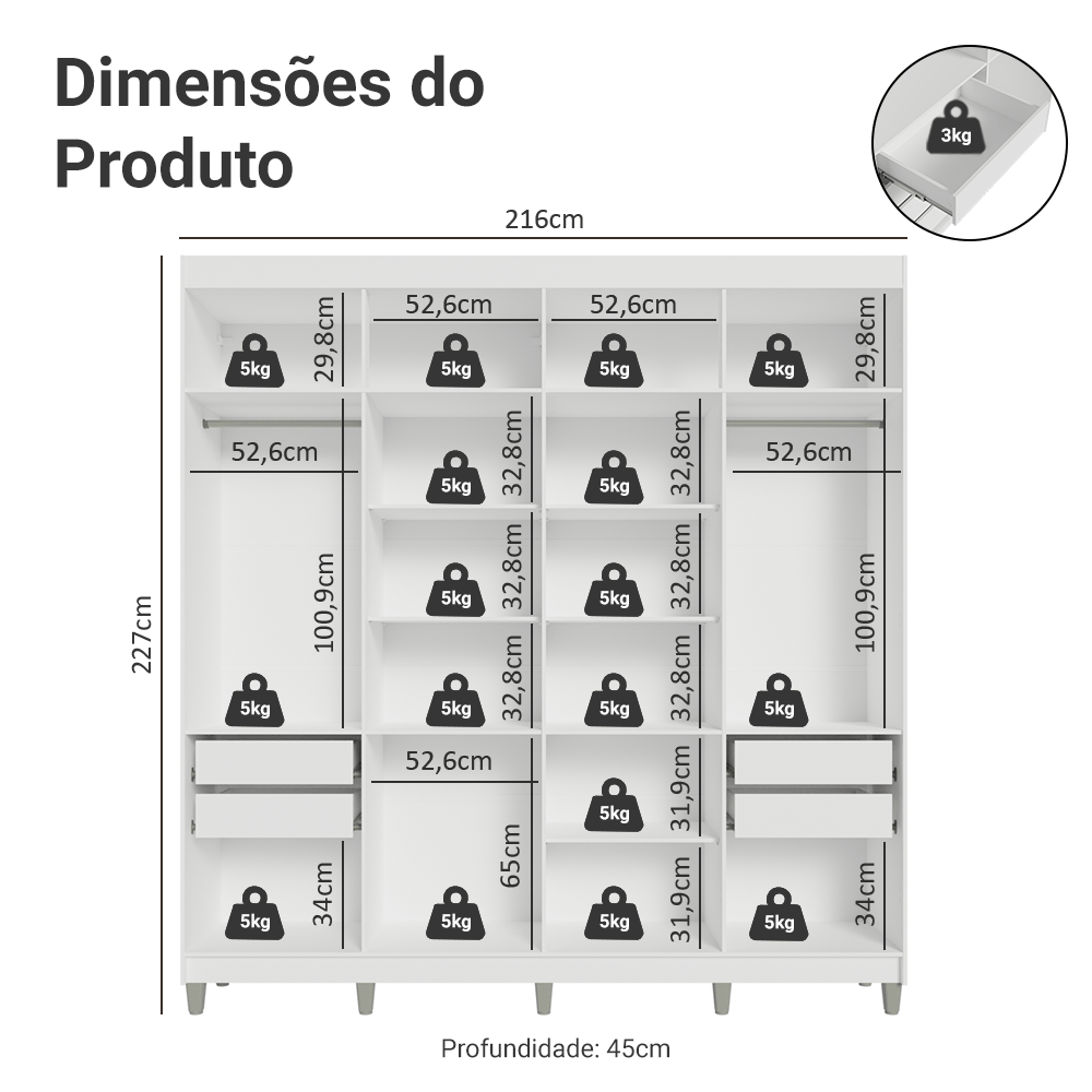 Guarda-Roupa Closet com Pés 4 Gavetas 216cm Branco Venus Madesa