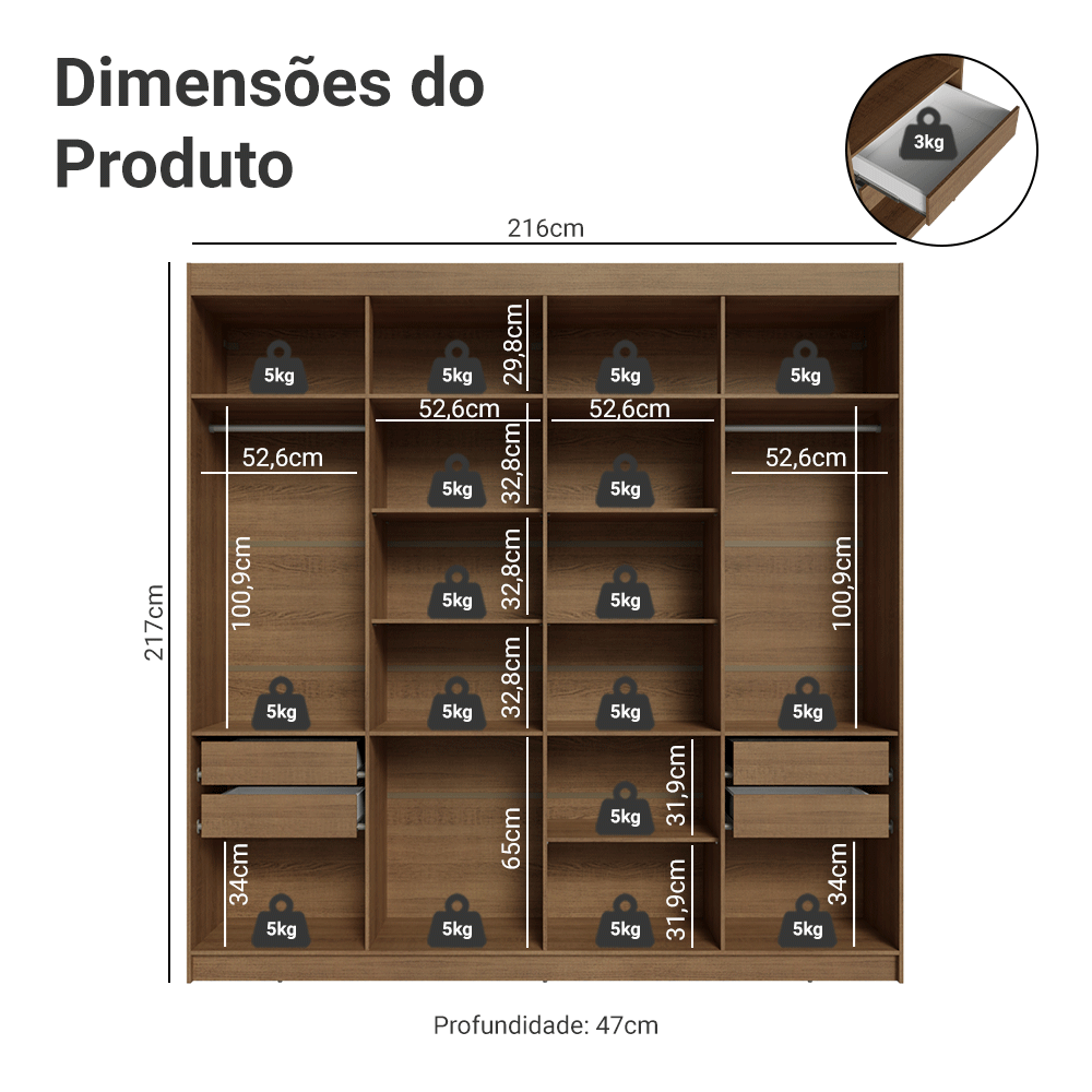 Guarda-Roupa Casal 8 Portas Batentes Rustic/Crema/Rustic Venus Madesa