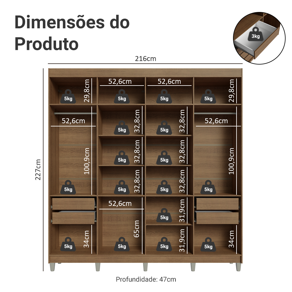 Guarda-Roupa Casal com Pés 8 Portas Batentes Rustic/Crema/Rustic Venus Madesa