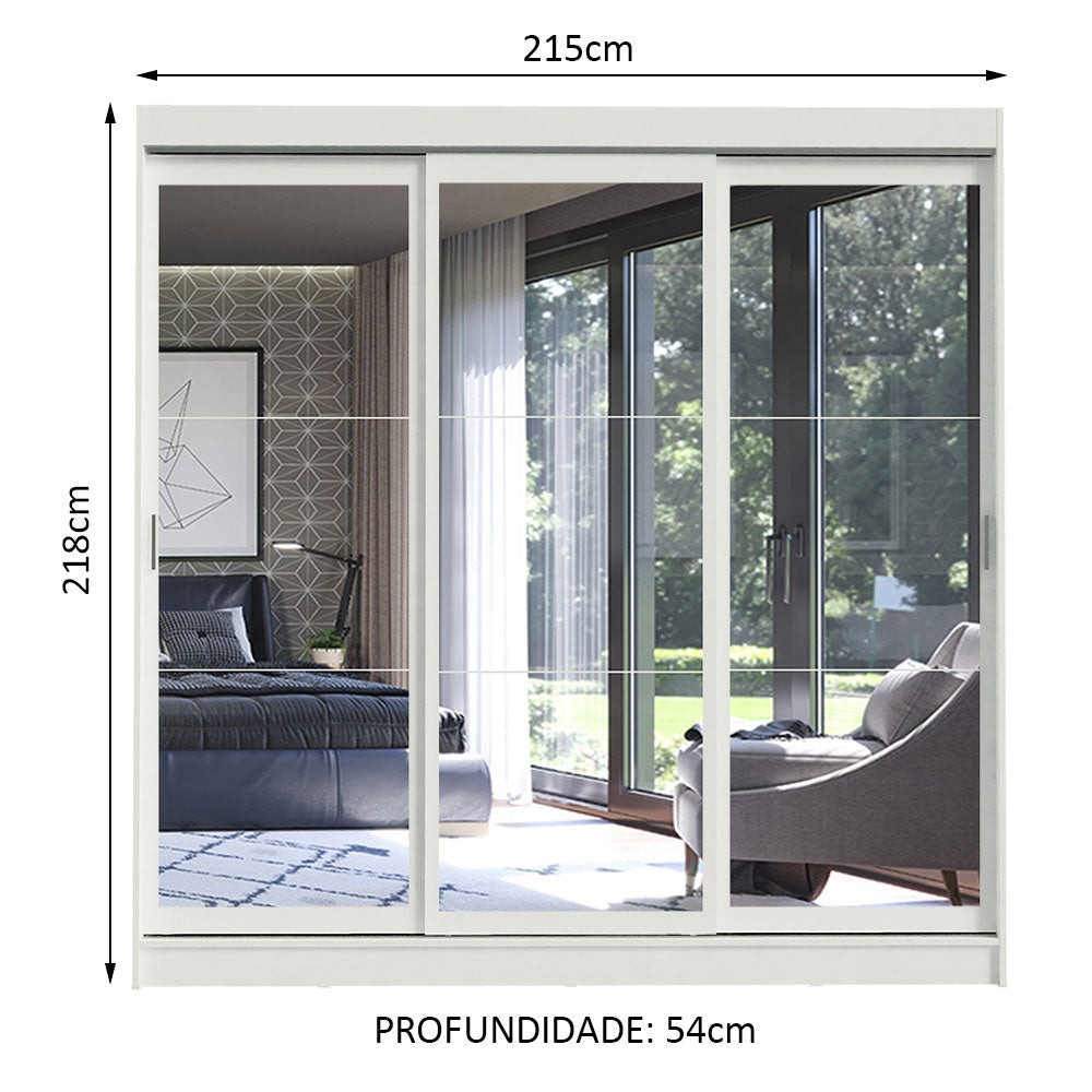 Guarda-Roupa Casal Madesa Istambul 3 Portas de Correr de Espelho 3 Gavetas Branco