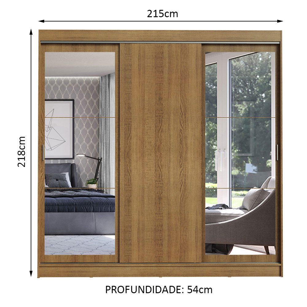 Guarda-Roupa Casal Madesa Istambul 3 Portas de Correr com Espelhos 3 Gavetas Rustic