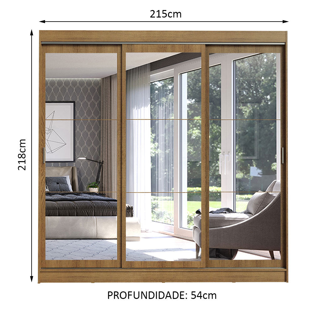 Guarda-Roupa Casal Madesa Istambul 3 Portas de Correr de Espelho 3 Gavetas Rustic