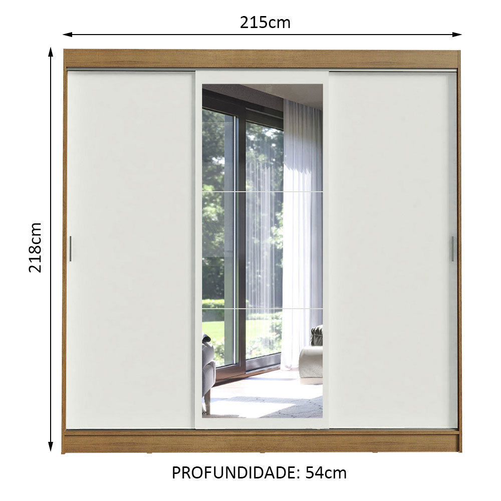 Guarda-Roupa Casal Madesa Istambul 3 Portas de Correr com Espelho 3 Gavetas Rustic/Branco