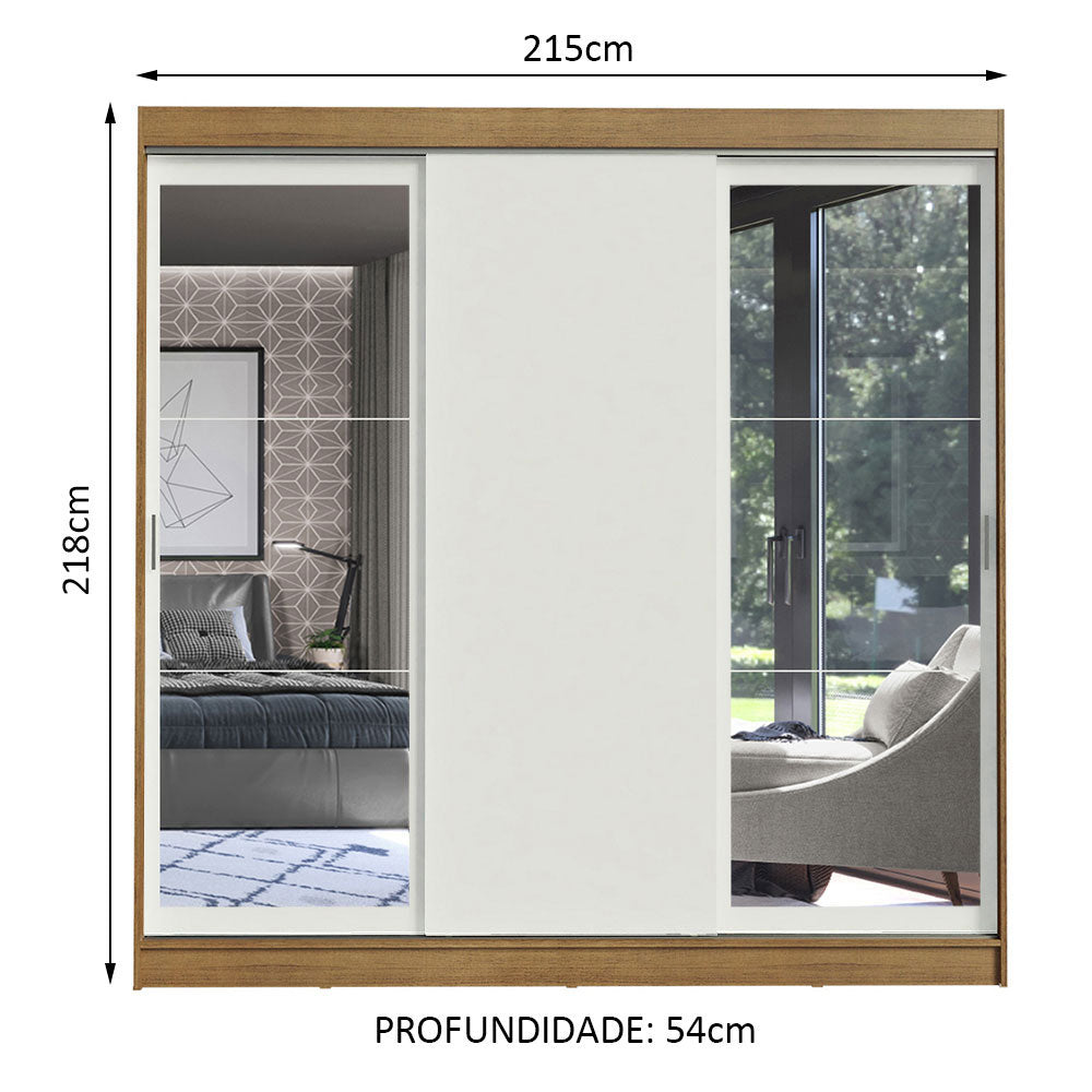 Guarda-Roupa Casal Madesa Istambul 3 Portas de Correr com Espelhos 3 Gavetas Rustic/Branco