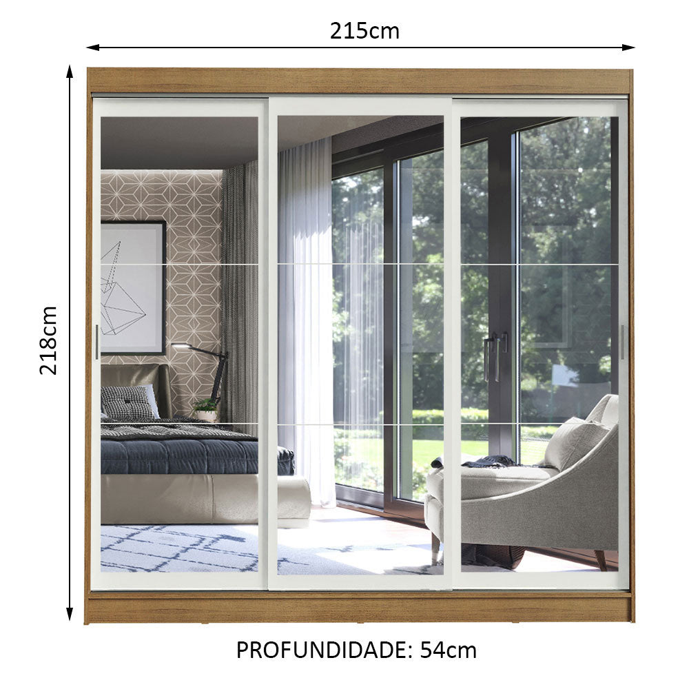Guarda-Roupa Casal Madesa Istambul 3 Portas de Correr de Espelho 3 Gavetas Rustic/Branco